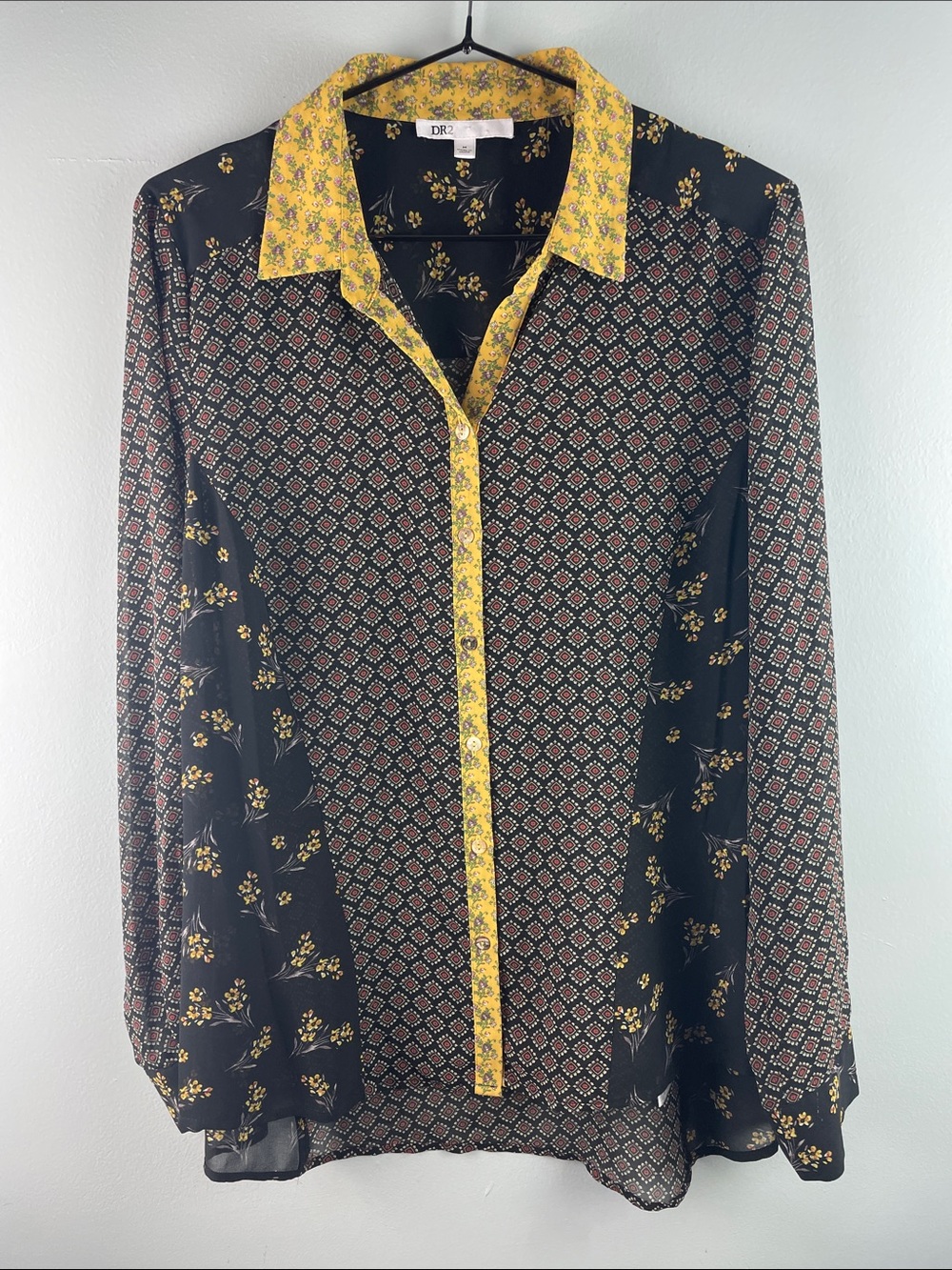 DR2 Black Sheer Shirt with Yellow Floral Trim and Mixed Prints Size M